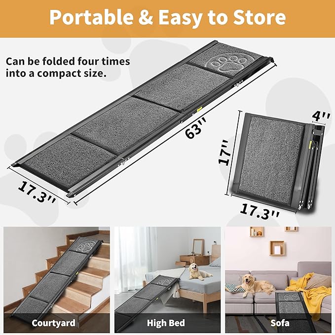 Dog Ramp for Car 63" Long & 17.3" Wide Portable Dog Ramps for Large Dogs with Non-Slip Rug Surface Dog Car Ramp for SUV Car & Truck, Outdoor Pet Ramp Folding Dog Ramp Up to 250LBS
