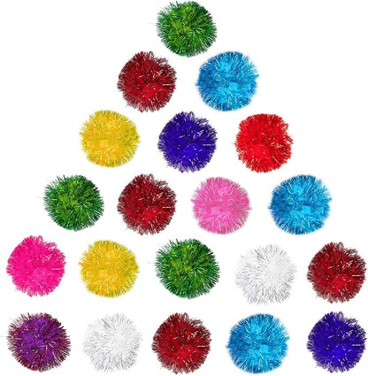 SunGrow Cat Pom Pom Balls, 20 Multi-Colored Shiny Enrichment Tinsel Pom Poms, 1” Tight Woven Yarn, Fuzzy Flash Balls for Indoor Kitten, Assorted Soft Glitter Orbs for Feline's Body and Brain Workout