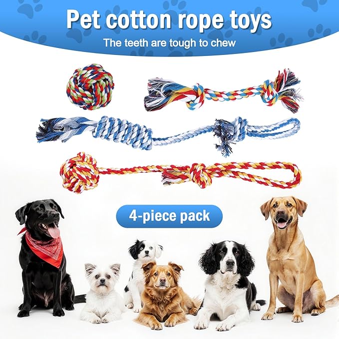 Aerbee 4PCS Rope Toys for Dogs, Puppy Teething Toys for Entertainment, Knots Dog Toy for Smart Newborn Pet, Doggy Interactive Chew Dental Pack of 4