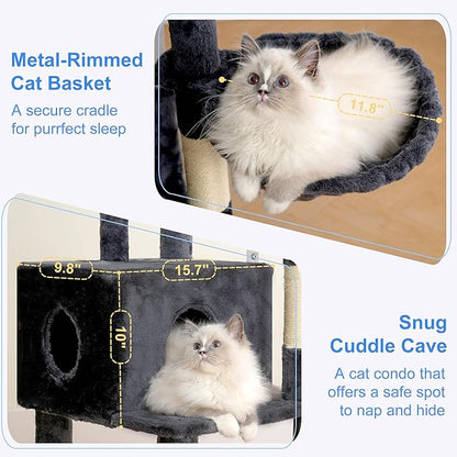 Heybly Cat Tree, 45.3-Inch Cat Tower for Indoor Cats with Large Perch, All-in-One Cat Furniture with Cozy Bed, Hidden Space Cat Condo, Comfy Hammock, Scratching Posts & 3 Pompoms, Smoky Gray HCT202SG