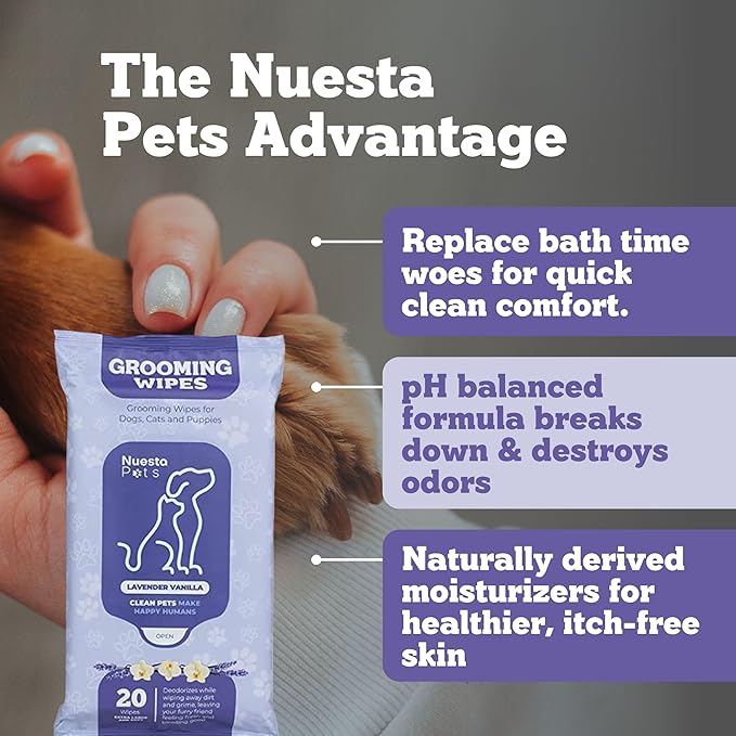Pets XL Lavender Vanilla Pet Wipes-Deodorizing No Bath Cleaning for Dogs & Puppy Grooming | Ear, Face, Butt, Paw Wet Wipe | Enriched w/Aloe, Chamomile, Oat Amino Acids | Healthier Coat & Skin