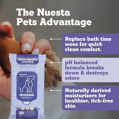 Pets XL Lavender Vanilla Pet Wipes-Deodorizing No Bath Cleaning for Dogs & Puppy Grooming | Ear, Face, Butt, Paw Wet Wipe | Enriched w/Aloe, Chamomile, Oat Amino Acids | Healthier Coat & Skin