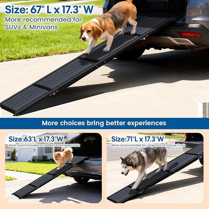 HBTower 67" Long & 17.3" Wide Folding Dog Ramp for Car, SUV & Truck – Portable Pet Ramp with Non-Slip Surface, Extra Wide Steps for Large Dogs Up to 250LBS