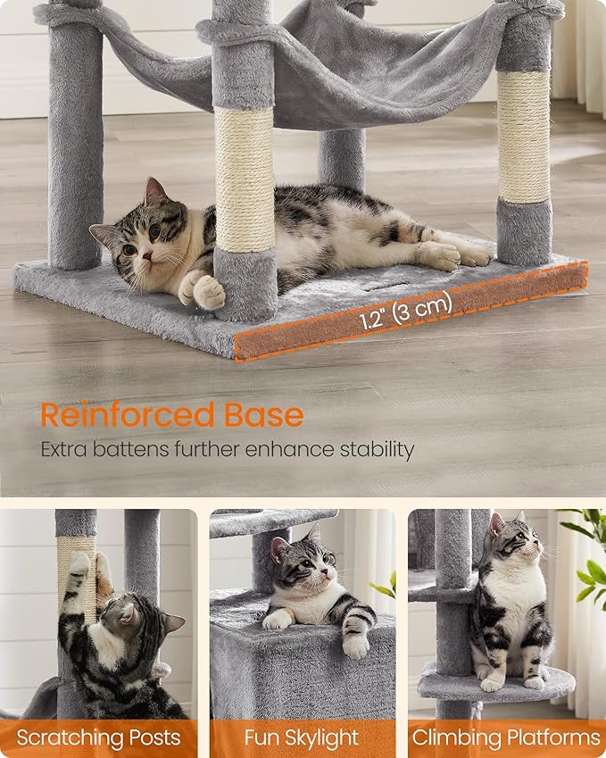 Feandrea Cat Tree, 73.2-Inch Tall Cat Tower, Plush Multi-Level Condo with 5 Scratching Posts, 2 Perches, 2 Caves, Hammock, 2 Pompoms, Light Gray UPCT191W01