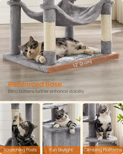 Feandrea Cat Tree, 73.2-Inch Tall Cat Tower, Plush Multi-Level Condo with 5 Scratching Posts, 2 Perches, 2 Caves, Hammock, 2 Pompoms, Light Gray UPCT191W01