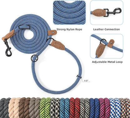 Mile High Life Hands Free Dog Leash, Crossbody Waist Leash with Genuine Leather Connection, Multifunctional Adjustable Slip Lead for Dog Walking Running (Blue White, 7FT)