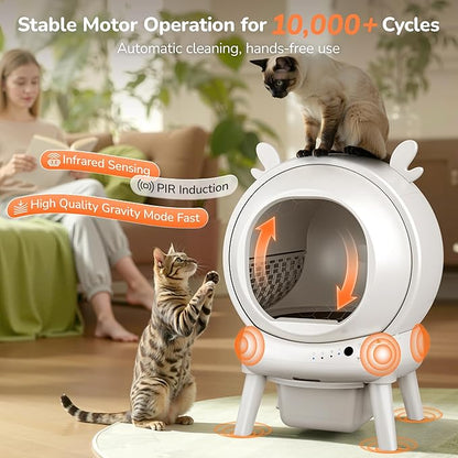 Automatic Self Cleaning Litter Box, Cat Litter Box with APP Control, 65L Globe & Dual Safety Sensors, Robot Litter Box, 1 Roll Garbage Bags and Litter Mat, <35DB, for Multiple Cats, White