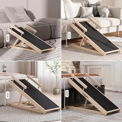 Dog Ramp for Bed, Couch, Car, Folding Pet Ramps 44.48" Long Adjustable 15"-22" Wooden Stairs with Anti-Slip Rubber Mat & Safety Side Rails for Small & Medium Old Dogs & Cats, up to 200 lbs