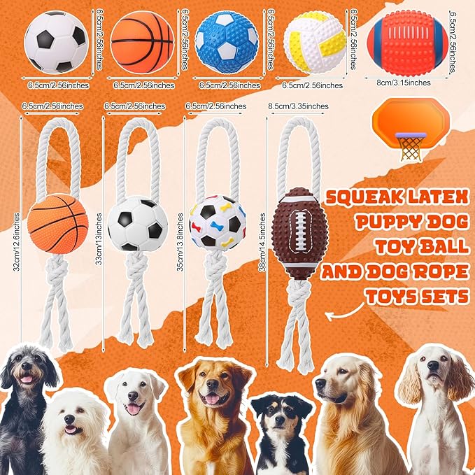 9 Pack Squeak Latex Puppy Dog Toy Ball and Dog Rope Toys Sets Sports Balls Sets Chew Rope Toy Rubber Soccer Volleyball Interactive Funny Doggy Toys with Squeaker for Teething Training
