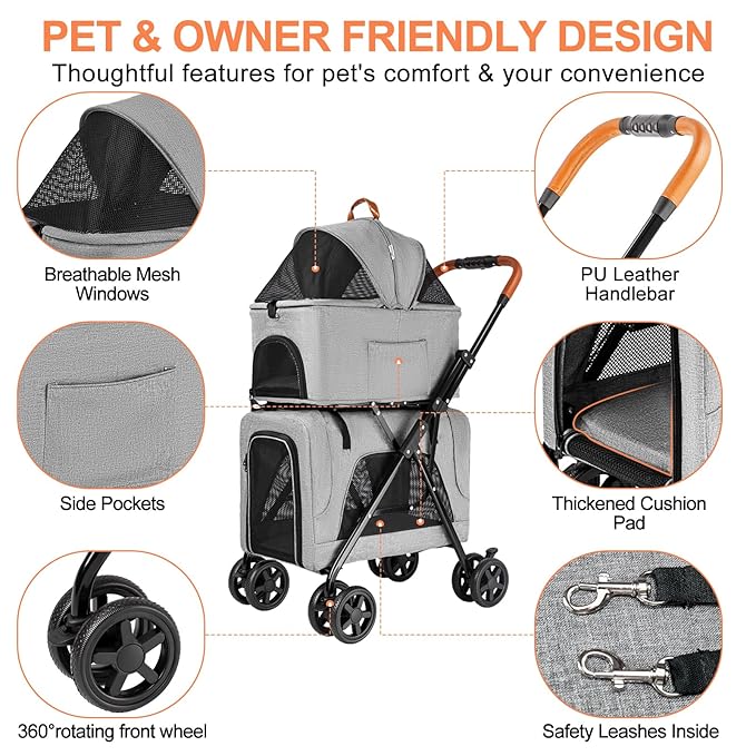 Double Pet Stroller with Detachable Carrier for Medium Small Dogs and Cats, Lightweight Dog Stroller Travel Carriage with No-Zip Canopy Storage Basket One-Click Folding and One-Foot Brake