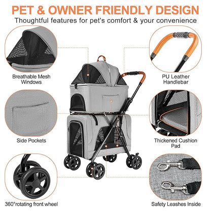 Double Pet Stroller with Detachable Carrier for Medium Small Dogs and Cats, Lightweight Dog Stroller Travel Carriage with No-Zip Canopy Storage Basket One-Click Folding and One-Foot Brake