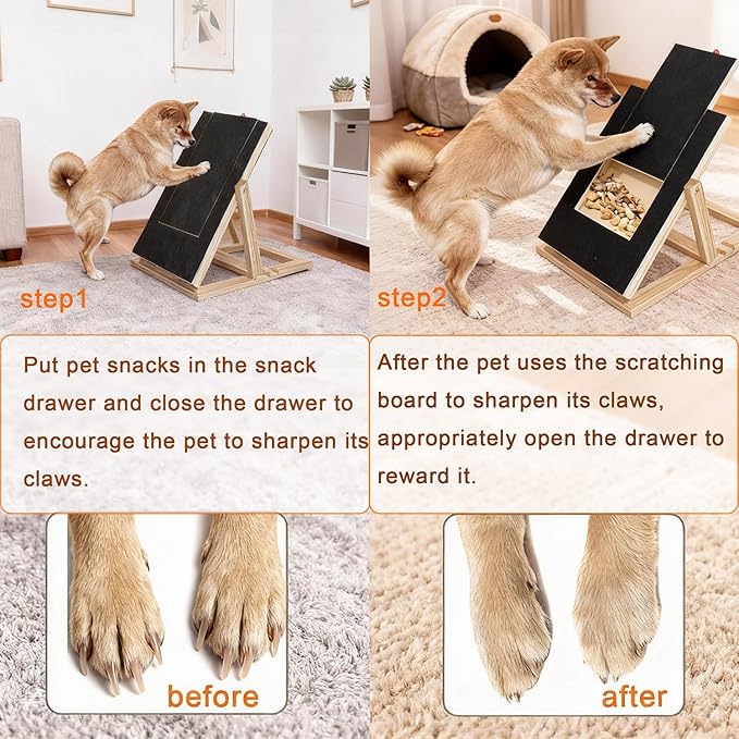 Dog Nail Scratch Board with Treat Drawer,Wooden Nail Filing Pad for Dogs - Adjustable Home Grooming Tool with Durable Self-Adhesive Sandpaper,Suitable for All Breeds