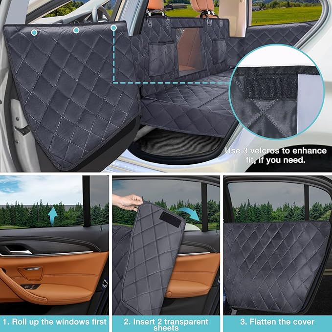 Back Seat Extender for Dogs + 2 Dog Seat Belts, Waterproof Heavy Duty Hard Bottom Car Seat Cover for Dogs with Door Protector Cover & Mesh Window | Dog Hammock for Car Pet Seat Protector for Car/Suv