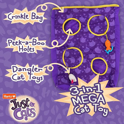Hartz Just for Cats The Crinkler, 3-in-1 Mega Cat Toy with Silver Vine & Catnip, Crinkle Bag, Peek-a-Boo Holes, 3 Dangler Toys