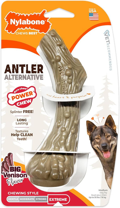 Nylabone Power Chew Antler Alternative Nylon Chew Toy for Dogs, Dog Toys for Aggressive Chewers, Venison Flavor, Medium/Wolf (1 Count)
