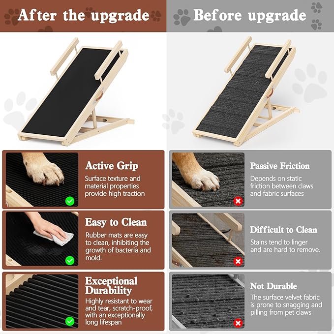 Dog Ramp for Bed, Couch, Car, Folding Pet Ramps 44.48" Long Adjustable 15"-22" Wooden Stairs with Anti-Slip Rubber Mat & Safety Side Rails for Small & Medium Old Dogs & Cats, up to 200 lbs