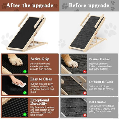 Dog Ramp for Bed, Couch, Car, Folding Pet Ramps 44.48" Long Adjustable 15"-22" Wooden Stairs with Anti-Slip Rubber Mat & Safety Side Rails for Small & Medium Old Dogs & Cats, up to 200 lbs