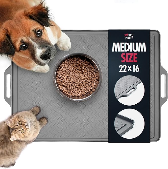 Tuff Pupper 22x16 Medium Dog Feeding Mat for Food and Water | Dog Food Mats for Floors | Waterproof Dogs Water Bowl Mats | Dogs Placemats Pet Food-Mat | Silicone Feeding Mat for Cats and Cat Bowls