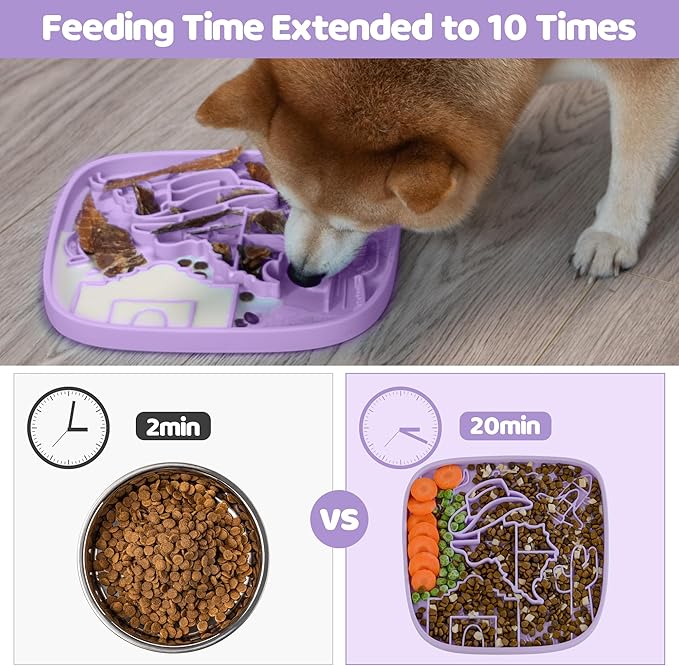 Puzzle Feeder Snuffle Mat and Lick Mat for Dogs,Texas Textured Slow Feeder, 0.75 Inch Thin Silicone Mat Holds 3 Cups, Dishwasher and Microwave Safe, Purple