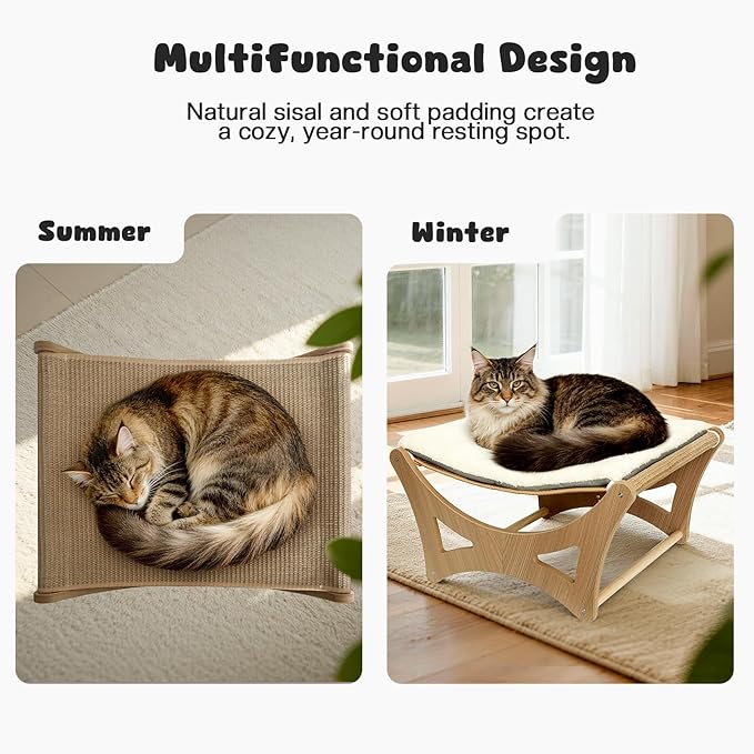 Cat Hammock Bed, Wooden Elevated Cat Beds with Natural Sisal Scratching Mat, Cats Scratcher Bed with Removable Soft Cushion, Cats Scratching Beds with Wood Frames, 22" L x 17.7" W