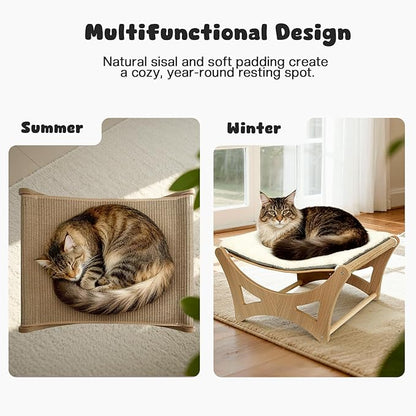Cat Hammock Bed, Wooden Elevated Cat Beds with Natural Sisal Scratching Mat, Cats Scratcher Bed with Removable Soft Cushion, Cats Scratching Beds with Wood Frames, 22" L x 17.7" W