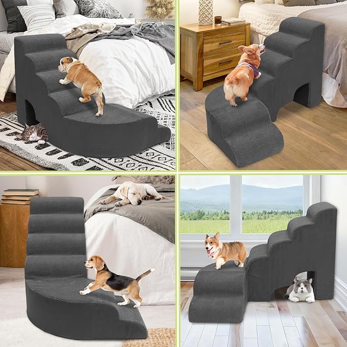 6 Tier Dog Stairs/Steps for High Bed, 27.5”H Non-Slip Pet Stairs Adjust to Left Side of Bed, Pet Steps for Small Dogs, Old Pets, and Injured Dogs, Dark Gray
