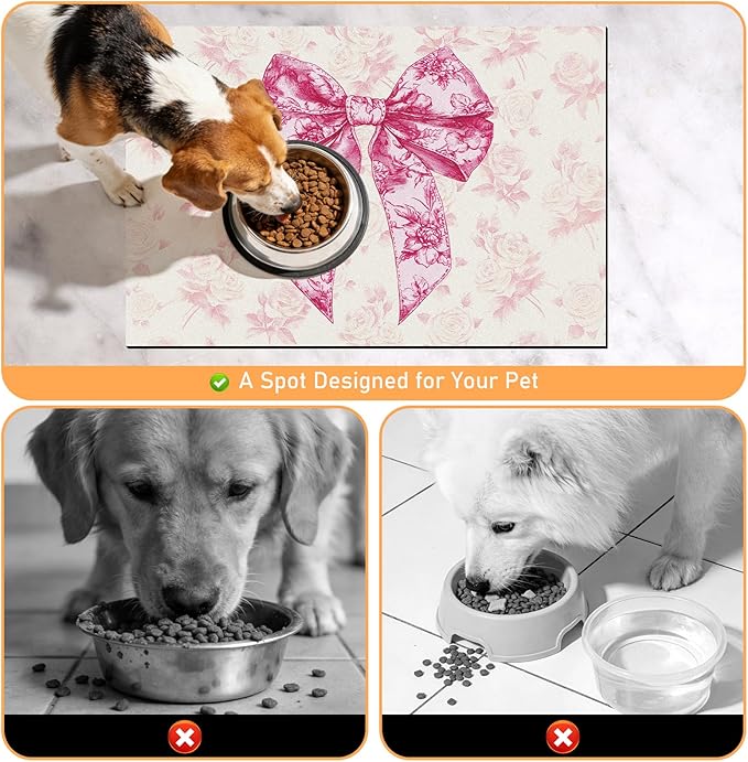 Dog Bowl Mat for Food and Water - Hamdwerk Absorbent Anti Slip Cat Feeding Mats for Floors, Quick Dry Pet Dog Feeding Matts, Diatomite Pet Dish Placemat Supplies, Coquettee Bow Style, 16 * 24in