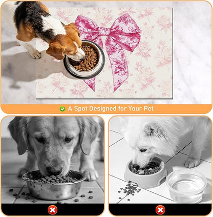 Dog Bowl Mat for Food and Water - Hamdwerk Absorbent Anti Slip Cat Feeding Mats for Floors, Quick Dry Pet Dog Feeding Matts, Diatomite Pet Dish Placemat Supplies, Coquettee Bow Style, 16 * 24in
