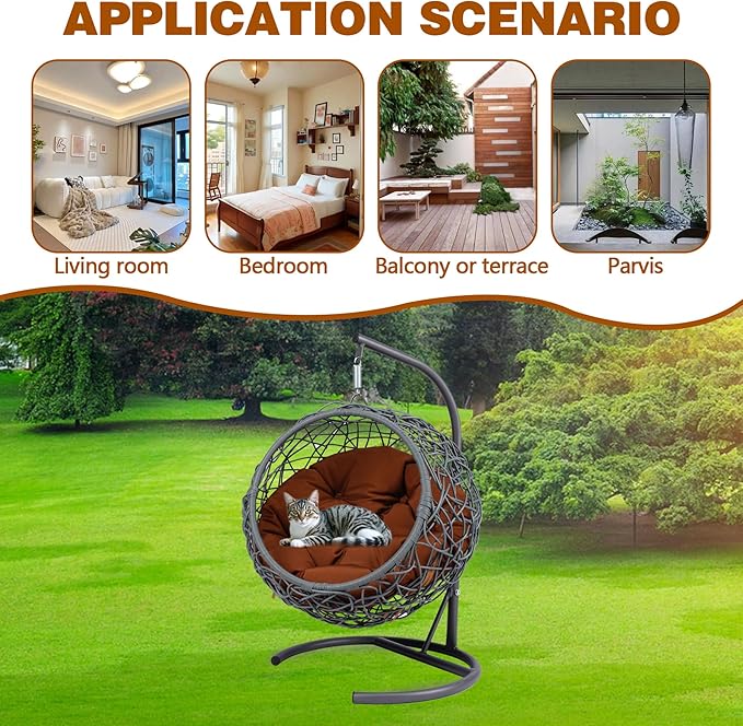Cat Egg Chair with Stand & Cushion, Cat Swing Bed with Rattan Wicker Appearance, Hanging Chair for Indoor Cats Pet Kitten Puppy Small Dogs (Brown, 17.70 Inch)