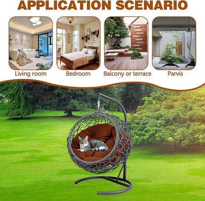 Cat Egg Chair with Stand & Cushion, Cat Swing Bed with Rattan Wicker Appearance, Hanging Chair for Indoor Cats Pet Kitten Puppy Small Dogs (Brown, 17.70 Inch)