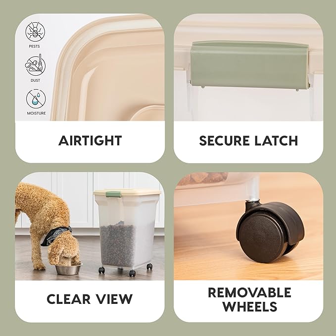 IRIS USA Dog Food Storage Container 58 lbs, Attachable Wheels, for Dog Cat Birds and other Pets, Food Storage Bin, Keep Fresh, Easy Mobility, BPA Free - Made in the USA, Almond/Clear