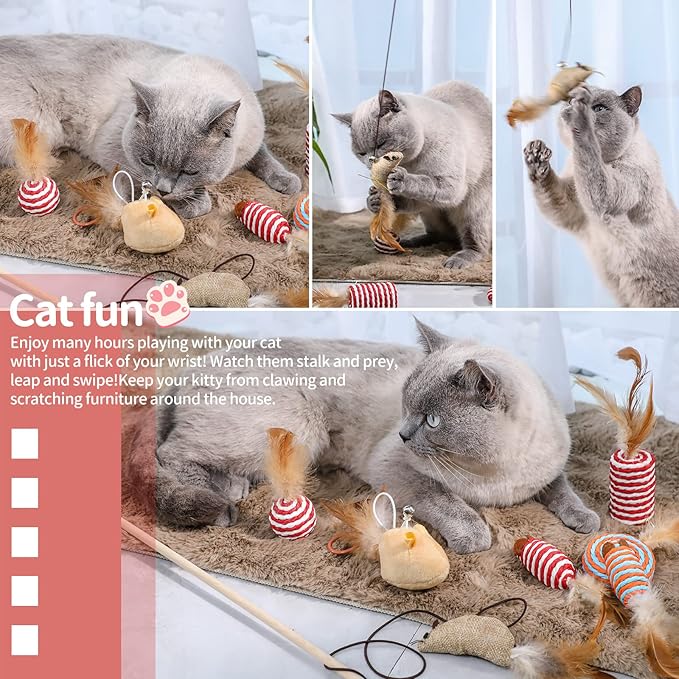 NVTED Cat Feather Toy Set - Playing Wand and Pet Activity Nip Toys Collection in Gift Box, Set of 7