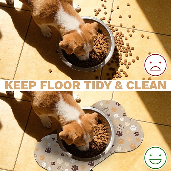 Pet Dog Cat Food Mat, Absorbent Bone Shaped Dog Bowl Mats for Food and Water, Non Slip Cute Dogs Cat Placemats Feeding Mat with Rubber for Floors Indoor Puppy Pet Accessories Supplies 17"x30" Khaki