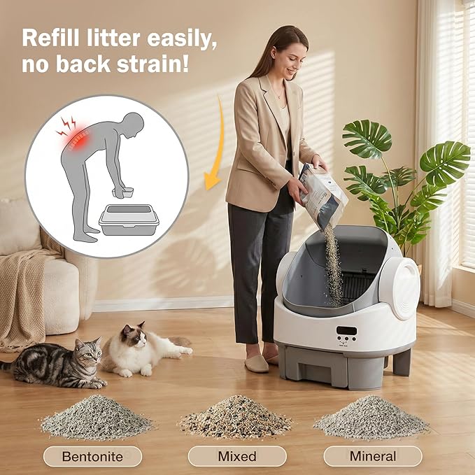 WARCAT Self-Cleaning Cat Litter Box, Open-Top Automatic Litter Box with Child Lock, 10L Large Capacity Waste Drawer, No APP Required, Includes Garbage Bags & Cleaning Mat (Gray & White)