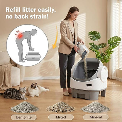 WARCAT Self-Cleaning Cat Litter Box, Open-Top Automatic Litter Box with Child Lock, 10L Large Capacity Waste Drawer, No APP Required, Includes Garbage Bags & Cleaning Mat (Gray & White)