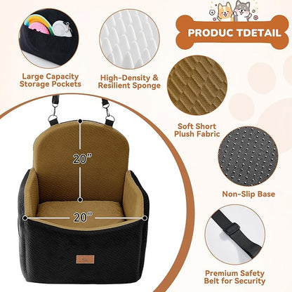 Dog Car Seat for Medium/Small Dogs, Dog Booster Car Seat, Pet Booster Seats Up to 40lbs with Waterproof Layer, 3 Storage Pockets and Safety Belt (Black/Brown)