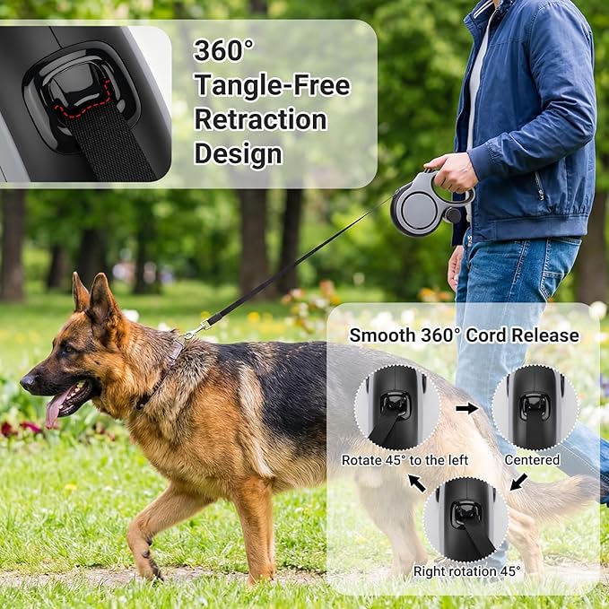 Segarty 26 Ft Walking Lead with Poop Bag Holder for Dog 66 lbs - 110 lbs, 8m Dog Leash Retractable with Anti-Slip Handle & One-Handed Brake Pause Lock, 360°Tangle-Free Leash for Pet Outside Activities
