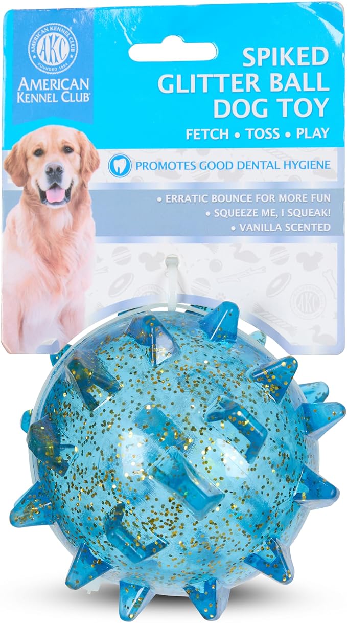 AKC Spiked Glitter Dog Toys – Squeaky TPR Ball & Ring for Dental Health, Vanilla Scented with Erratic Bounce – Durable Textured Chew Toys for Dogs