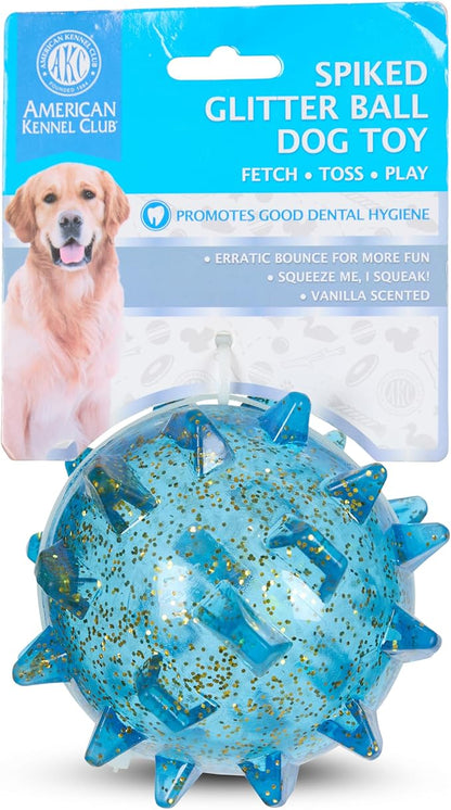 AKC Spiked Glitter Dog Toys – Squeaky TPR Ball & Ring for Dental Health, Vanilla Scented with Erratic Bounce – Durable Textured Chew Toys for Dogs
