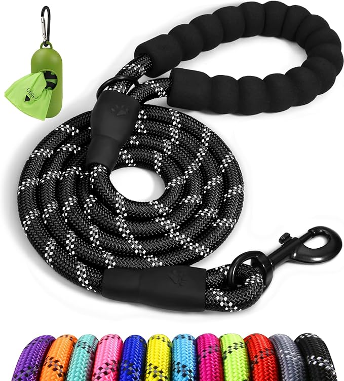 Taglory Rope Dog Leash 6 FT with Comfortable Padded Handle, Highly Reflective Threads Leash and Anti-Tangle Clip for Walking Medium Large Dogs, 1/2 inch, Black