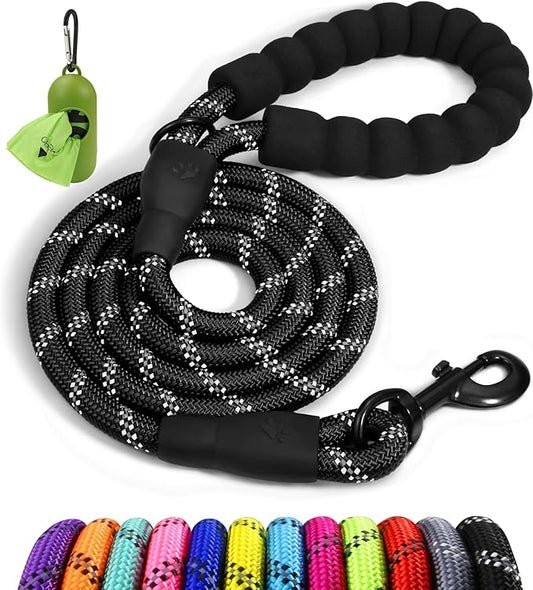 Taglory Rope Dog Leash 4 FT with Comfortable Padded Handle, Highly Reflective Threads Leash and Anti-Tangle Clip for Walking Medium Large Dogs, 1/2 inch, Black
