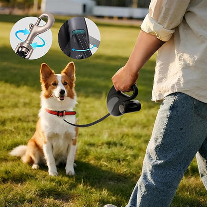 Retractable Dog Leash, 11ft Tangle-Free Reflective Nylon Tape with Anti-Slip Handle & USB Rechargeable Flashlight for Night Walks, Suitable for Small to Medium Dogs Up to 30 Lbs (Black)