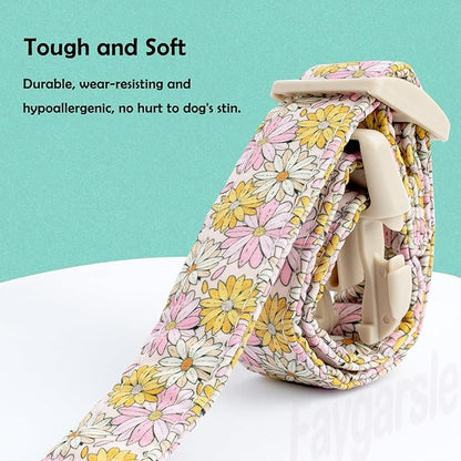 Faygarsle Floral Girl Dog Collar, Cotton Fabric with Daisies Pattern, Pink and Yellow Summer Spring Design for Small Medium Large Dogs L
