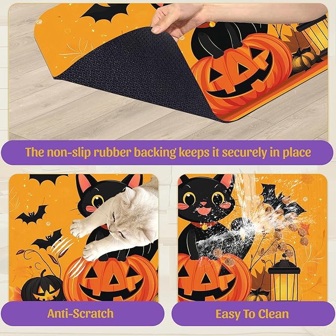 Halloween Cat Pet Feeding Mat, Absorbent Dog Bowl Pad, Quick Dry with Anti-Skid Bottom, Indoor Pet Accessories – 16x24 Inch