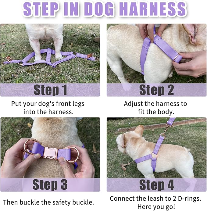Soft Leather No Pull Dog Harness - Adjustable Step in Dog Harness with Rose Gold Heavy Duty Metal Buckle, Freedom Nylon Dog Halter Vests for Small Medium Large Dogs Easy Walking Training (Purple,M)