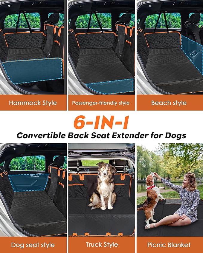 Back Seat Extender for Dogs- Dog Car Seat Cover for Back Seat Bed for Car Travel Bed with Mesh Window and Storage Pocket, Supports 330LB Waterproof Dog Hammock for Car, SUV, Truck