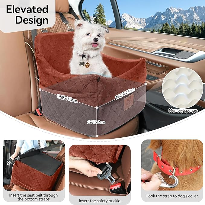 GL GLENSLAVE Dog Car Seat for Small/Medium Dogs, Dog Booster Car Seats with Thick Cushion for Dogs Under 35 lbs, Detachable Washable Pet Carseat with Storage Pockets, 2 Safety Belts(Brown)