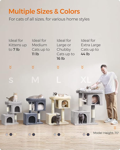 Feandrea Cat Tree, 26.4-Inch Cat Tower, Plush Condo for Kittens up to 7 lb, Large Perch, 2 Caves, Scratching Post, Light Gray UPCT611W01