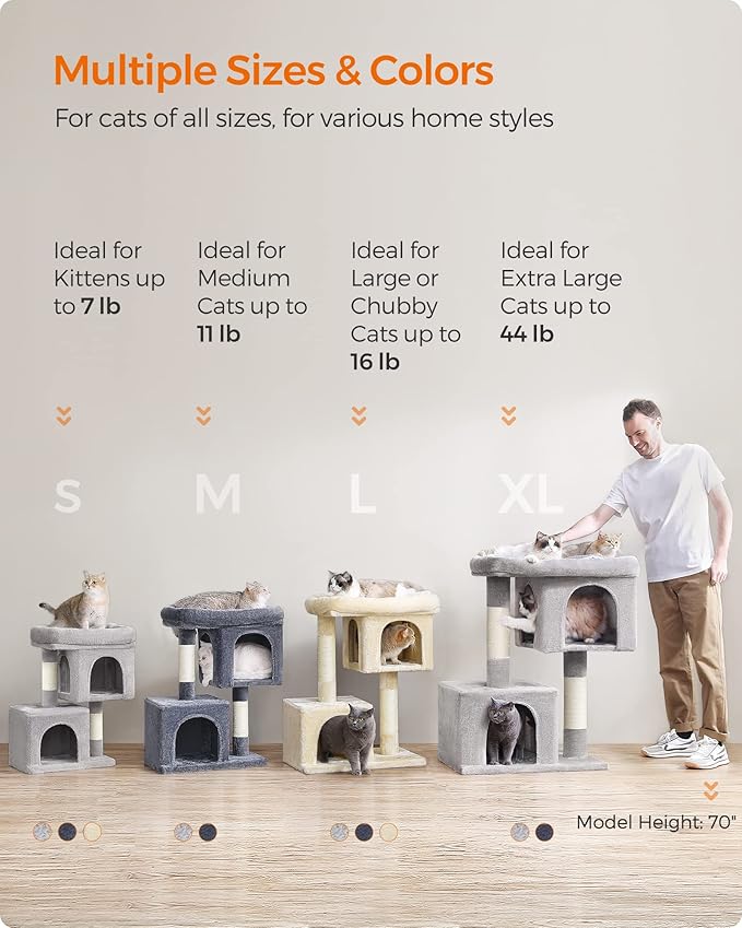 Feandrea Cat Tree, 40.6-Inch Cat Tower, Plush Condo for Extra Large Cats up to 44 lb, Large Perch, 2 Caves, Scratching Post, Light Gray UPCT614W01