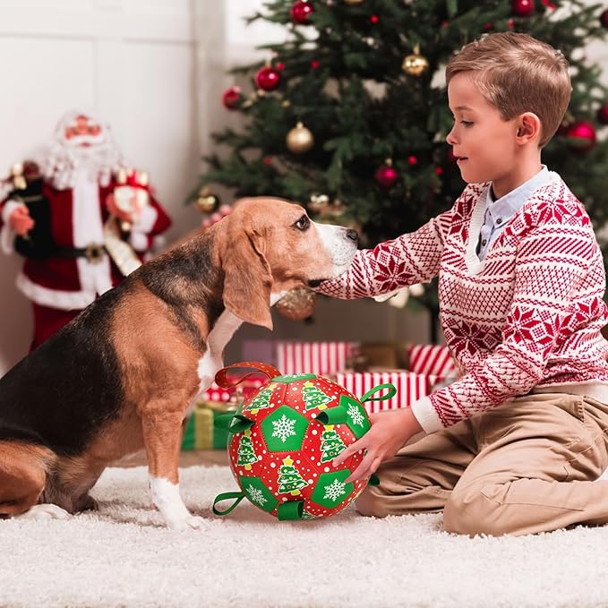Dog Soccer Toy with Straps Christmas Dog Interactive Ball Toy for Tug of War Christmas Dog Tug Ball Toy with Xmas Tree Snowflower Pattern for Medium Large Dogs(Number 2)